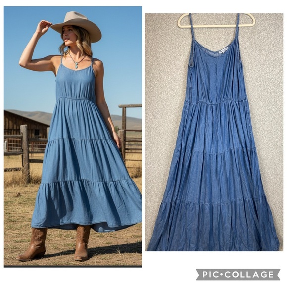 inner circle Dresses & Skirts - Inner Circle chambray denim maxi dress L full swing tiered skirt pockets cowgirl